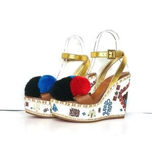 Christian Louboutin Cycladissimo Pompom Embroidered Platform Wedge Sandals 36
